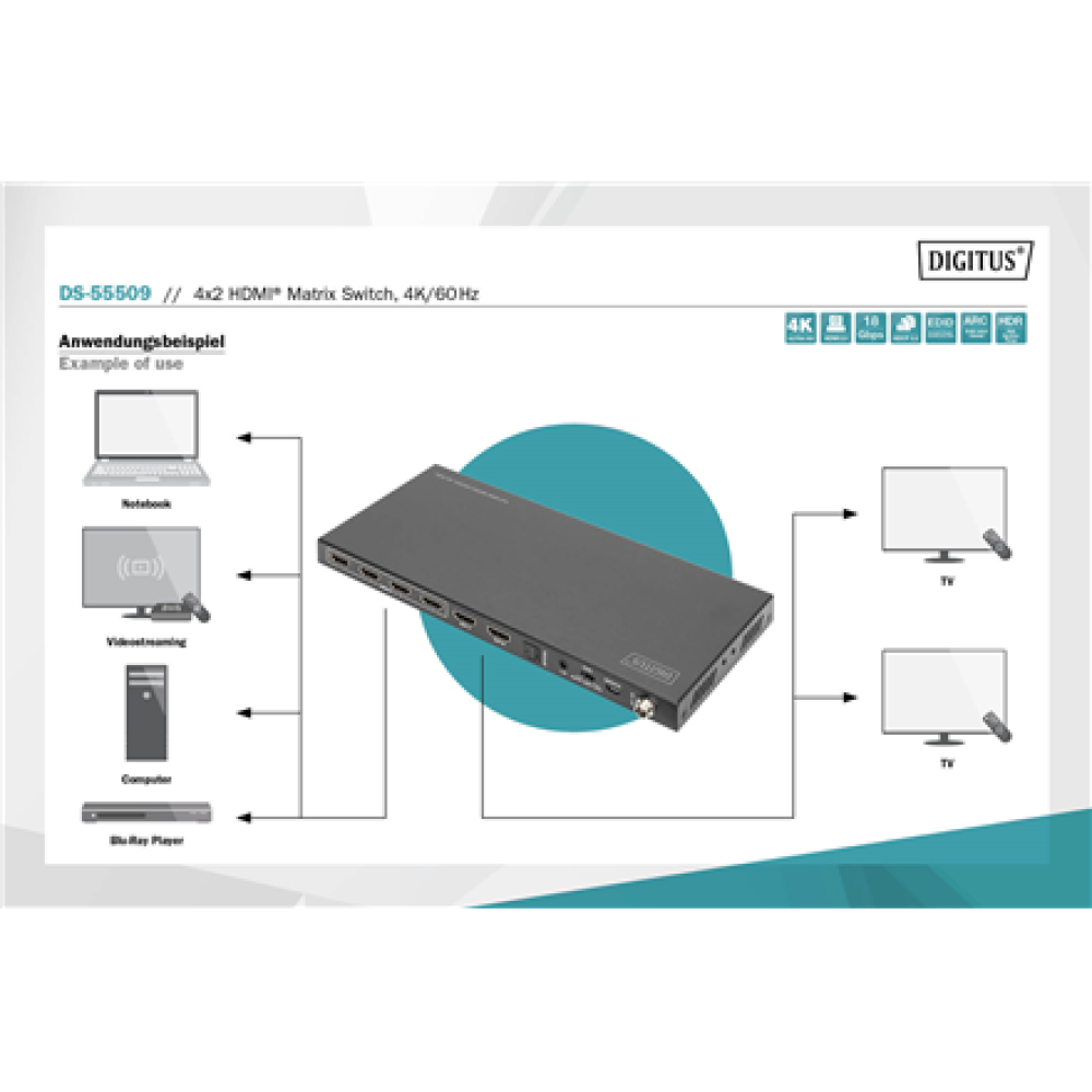 Digitus , 4x2 HDMI Matrix Switch, 4K/60Hz , DS-55509