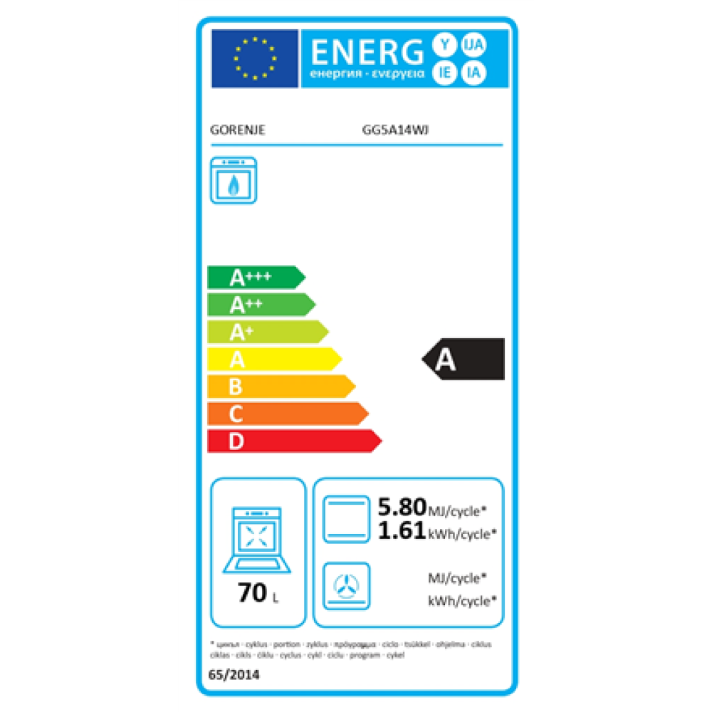 Gorenje Cooker , GG5A14WJ , Hob type Gas , Oven type Gas , White , Width 50 cm , Depth 59.4 cm , 70 L