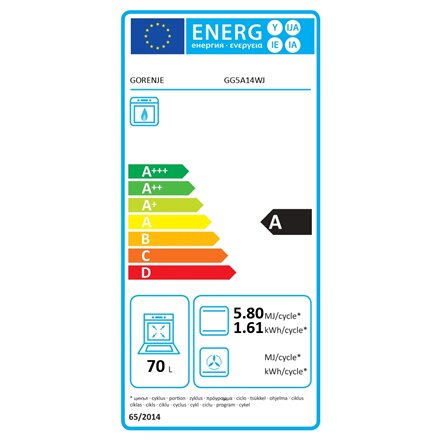 Gorenje Cooker , GG5A14WJ , Hob type Gas , Oven type Gas , White , Width 50 cm , Depth 59.4 cm , Energy efficiency class A , 70 L