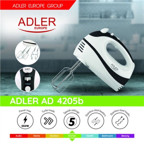Adler , Mixer , AD 4205 b , Hand Mixer , 300 W , Number of speeds 5 , Turbo mode , White/Black