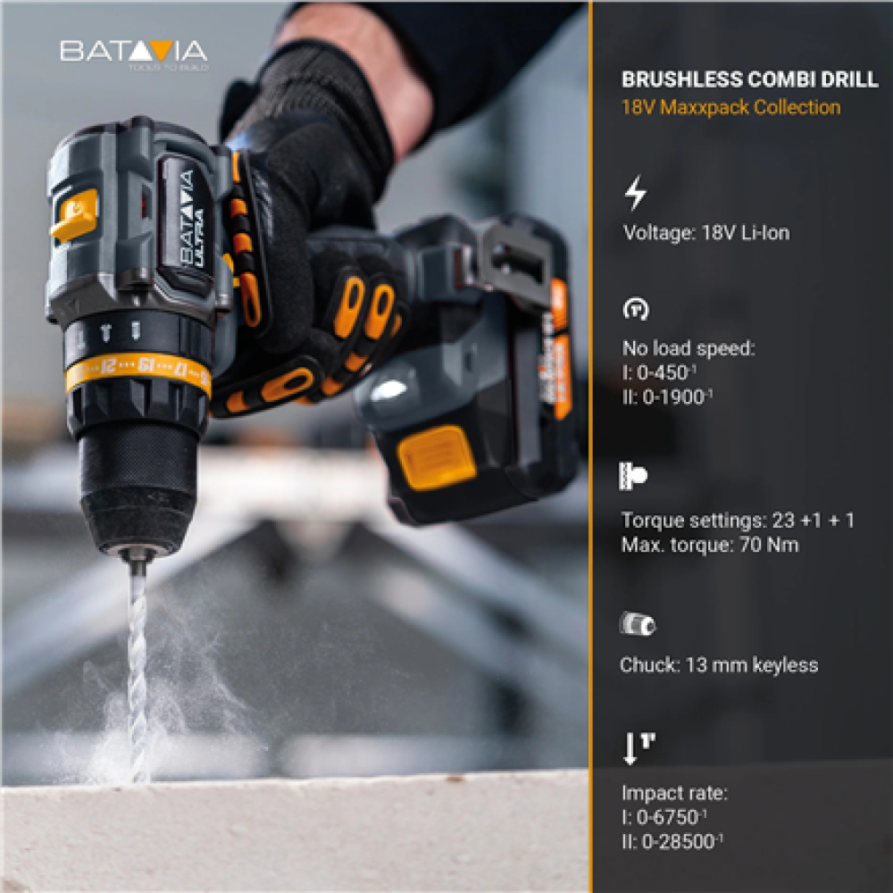 Batavia B.V. 18V Cordless Brushless Combi Drill 70 Nm, Without Battery and Charger