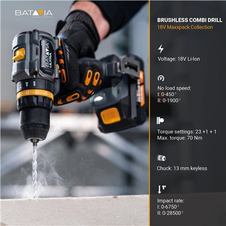 Batavia B.V. , Cordless Brushless Combi Drill 70 Nm, Without Battery and Charger - 18V