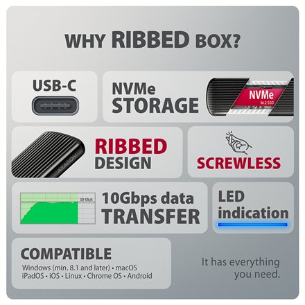 AXAGON USB-C 10Gbps M.2 NVMe SSD Enclosure, Screwless, RIBBED Aluminum , EEM2-SC