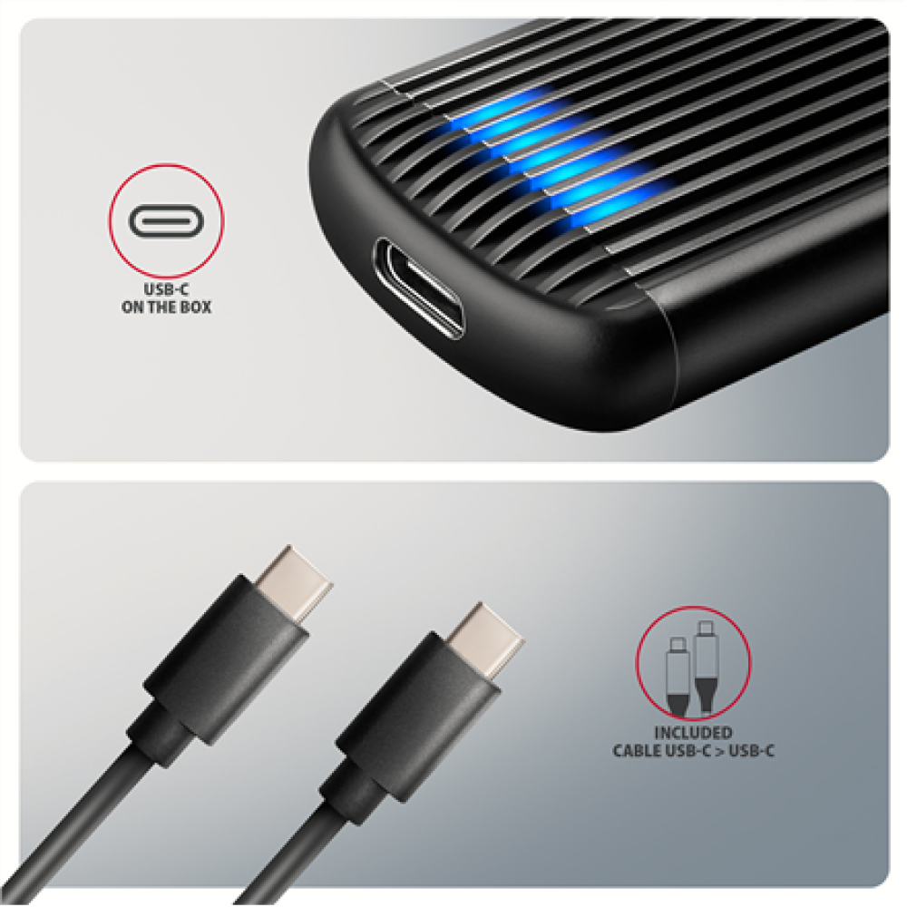 AXAGON USB-C 10Gbps M.2 NVMe SSD Enclosure, Screwless, RIBBED Aluminum , EEM2-SC
