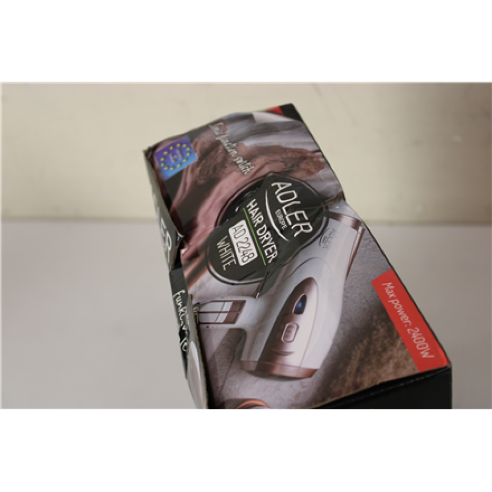 SALE OUT. Adler AD 2248 Hair Dryer, 2400 W, 2 speed settings, 3 temp settings, White , Adler Hair Dryer , AD 2248 , 2400 W , Number of temperature settings 3 , Ionic function , Diffuser nozzle , White , DAMAGED PACKAGING