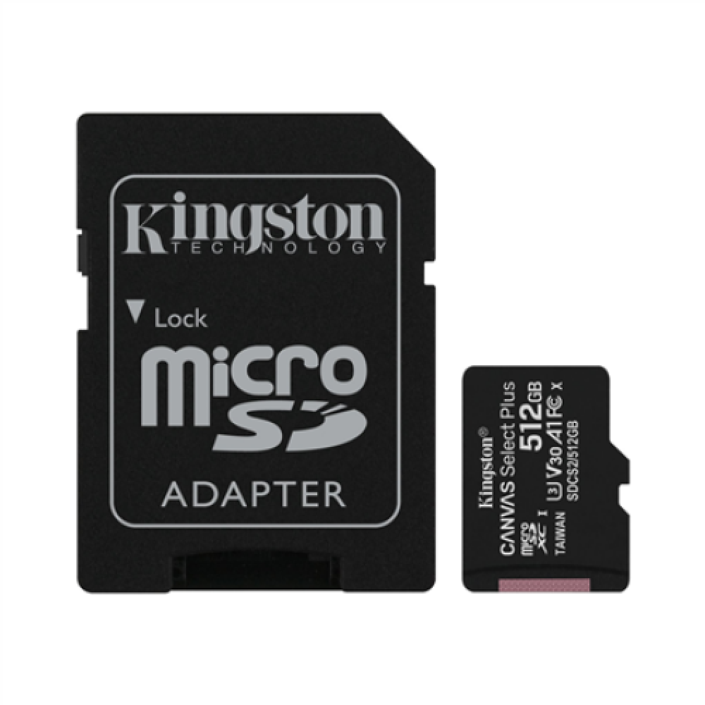 Kingston , Canvas Select Plus , 512 GB , Micro SD , Flash memory class 10 , SD adapter