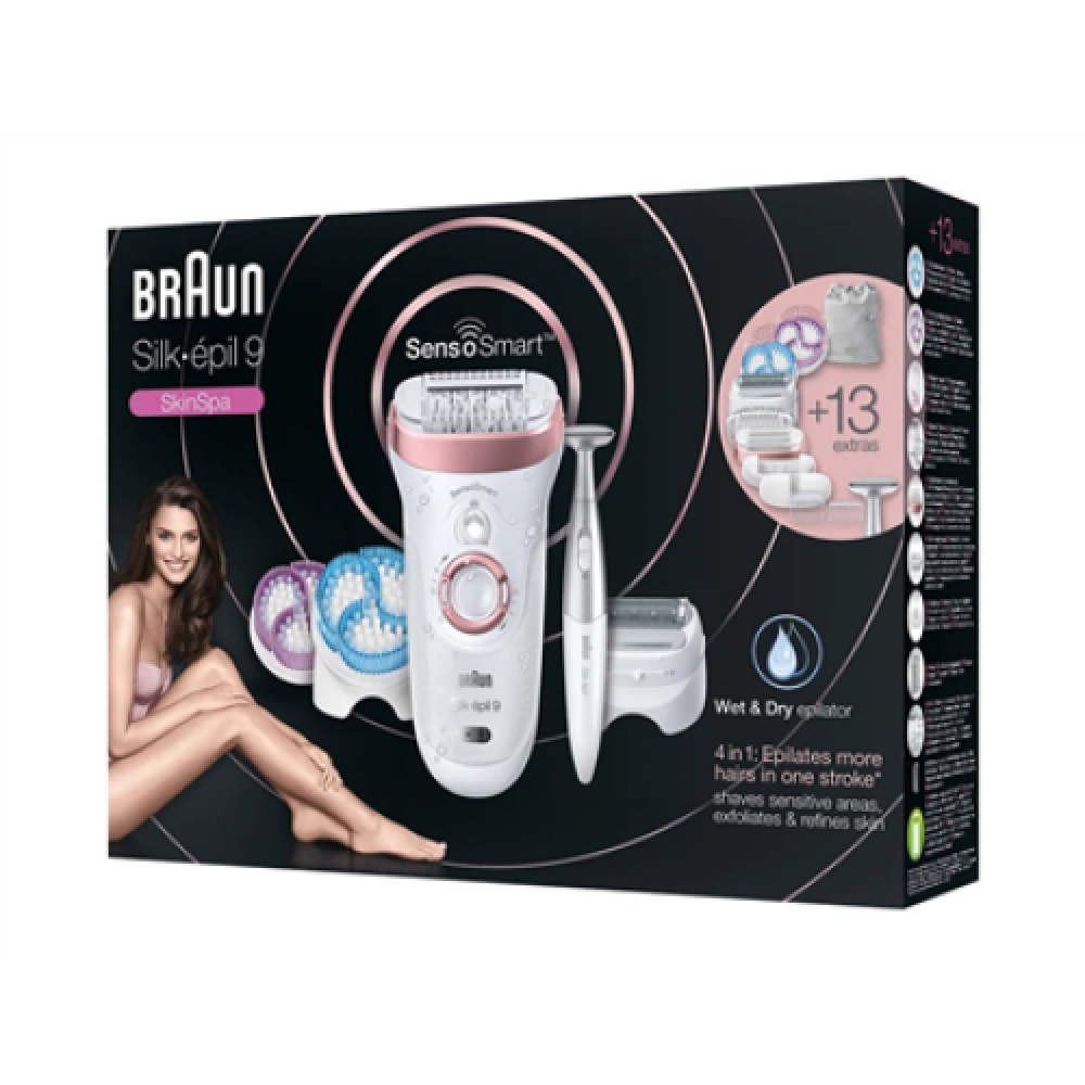 Braun Epilator , SES9-980 Silk-épil 9 SkinSpa , Operating time (max) 40 min , Number of power levels 2 , Wet & Dry , White/Pink