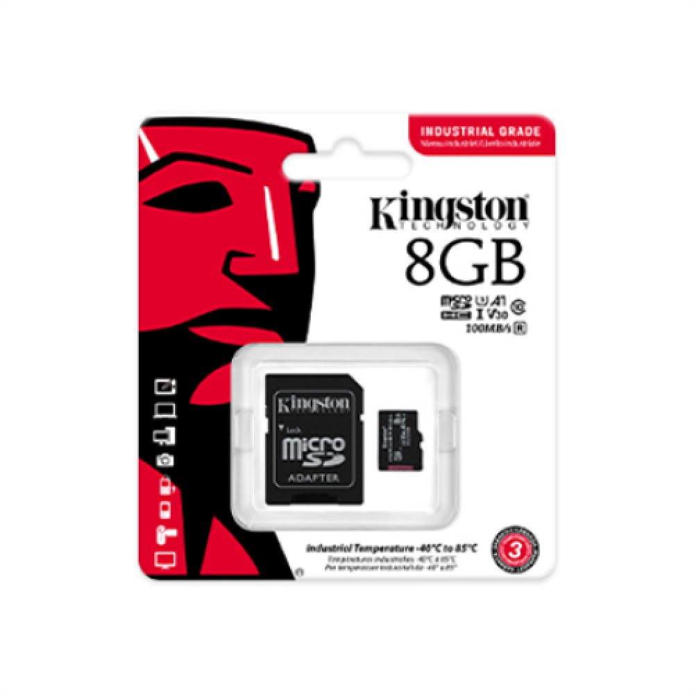 Kingston , UHS-I , 8 GB , microSDHC/SDXC Industrial Card , Flash memory class Class 10, UHS-I, U3, V30, A1 , SD Adapter