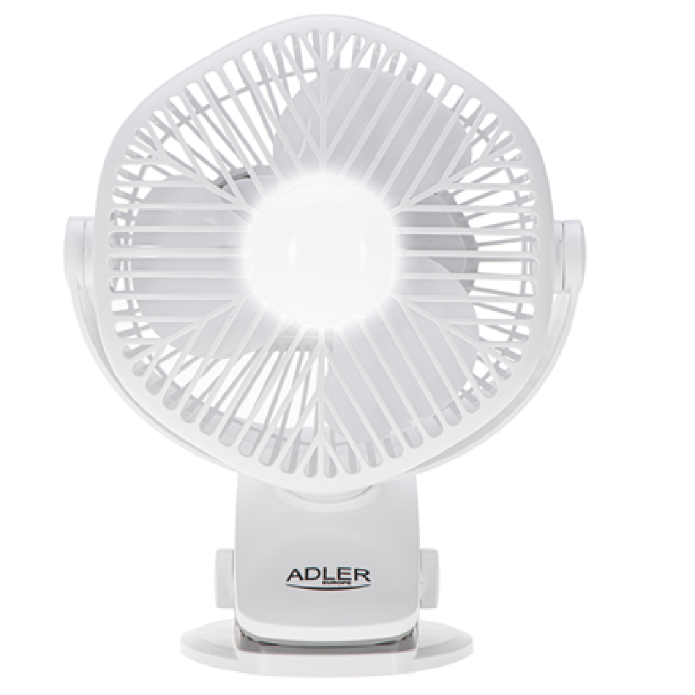 Adler Rechargeable fan with clip , AD 7335 , Table Fan , 6 W , Diameter 12.7 cm , Number of speeds 3 , Oscillation , White