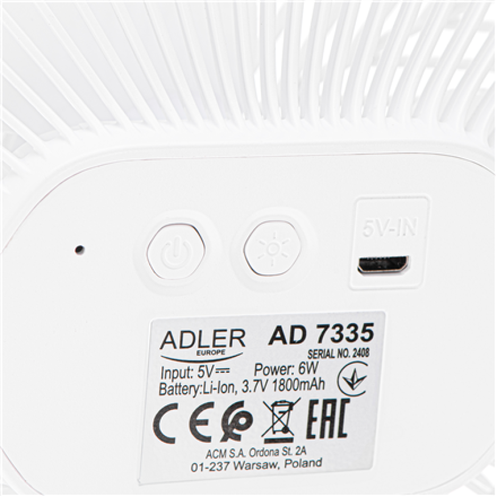 Adler Rechargeable fan with clip , AD 7335 , Table Fan , 6 W , Diameter 12.7 cm , Number of speeds 3 , Oscillation , White