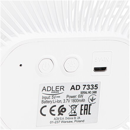 Adler Rechargeable fan with clip , AD 7335 , Table Fan , 6 W , Diameter 12.7 cm , Number of speeds 3 , Oscillation , White