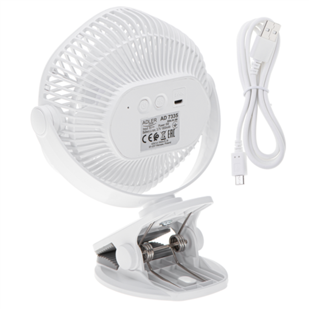 Adler Rechargeable fan with clip , AD 7335 , Table Fan , 6 W , Diameter 12.7 cm , Number of speeds 3 , Oscillation , White