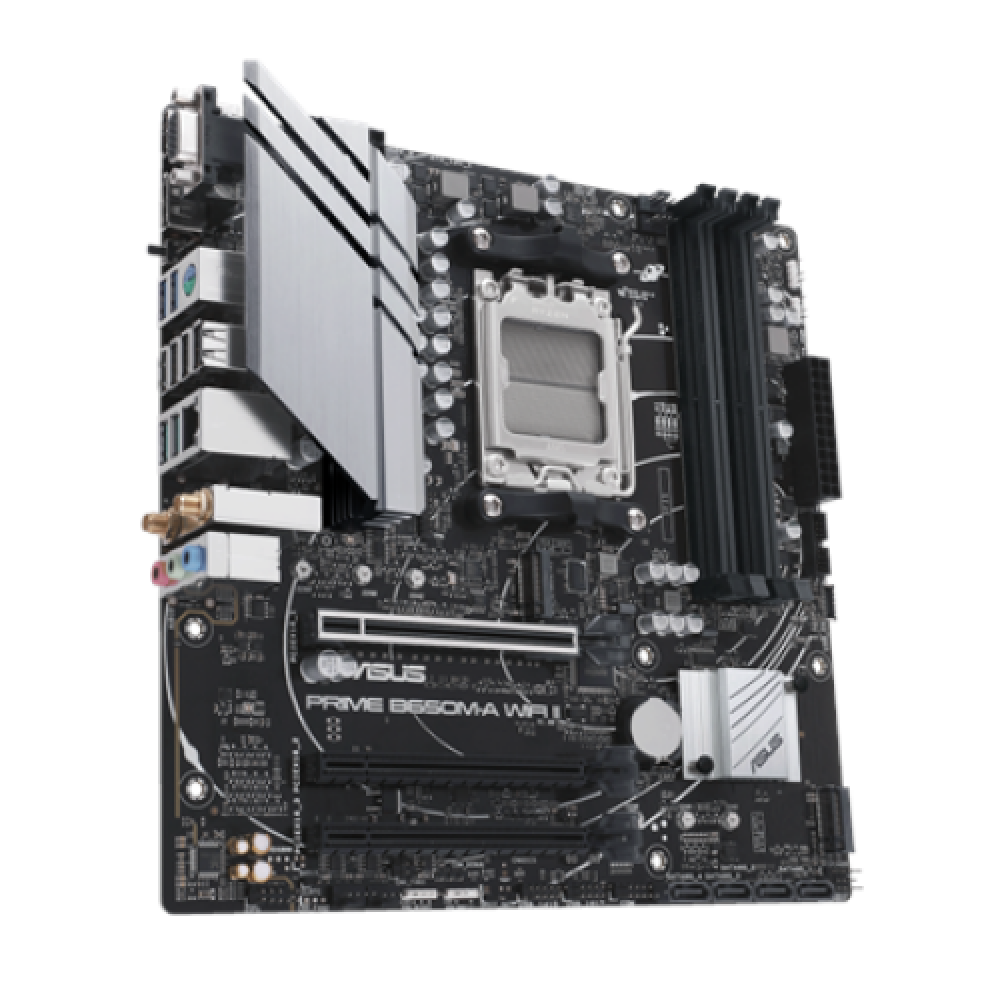 Asus , PRIME B650M-A WIFI II , Processor family AMD , Processor socket AM5 , DDR5 DIMM , Memory slots 4 , Supported hard disk drive interfaces SATA, M.2 , Number of SATA connectors 4 , Chipset AMD B650 , mATX