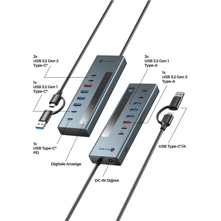 Raidsonic 9-in-1 hub with Power Delivery and Type-C/Type-A host connection , IB-HUB1743-CPD