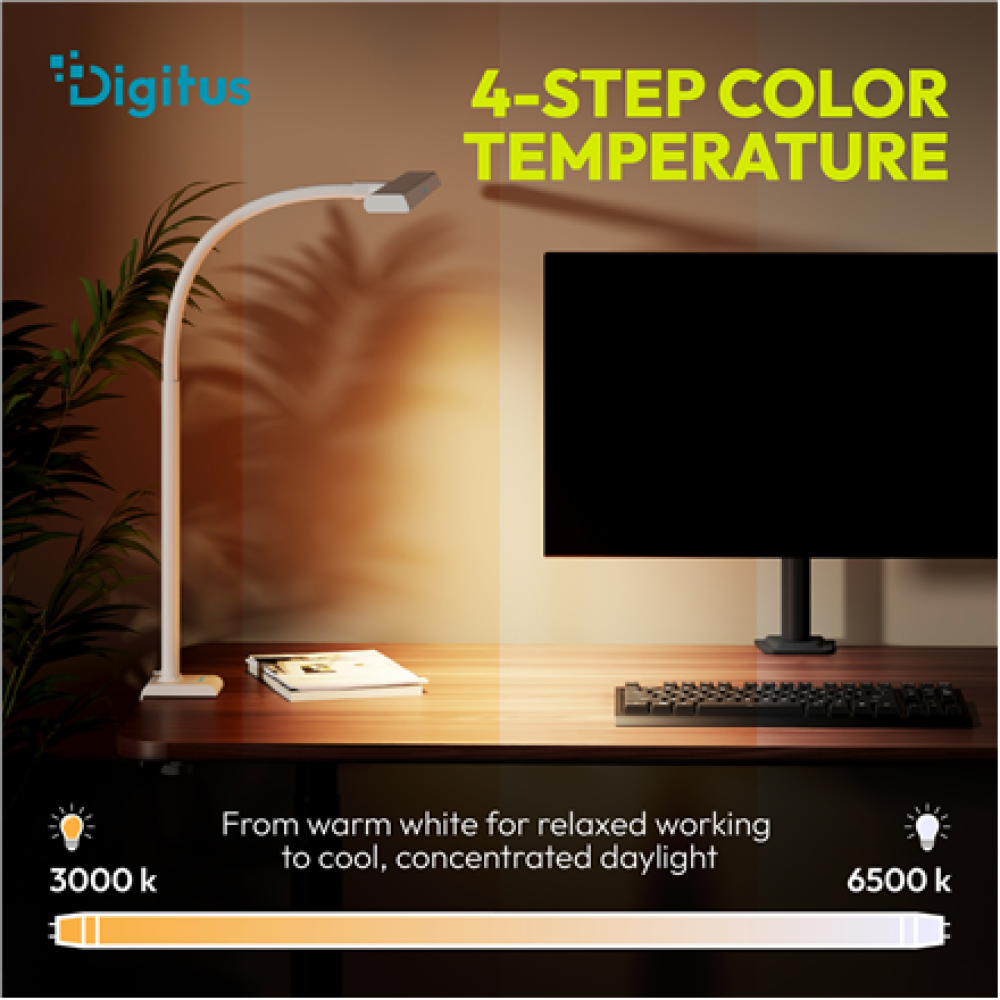 Digitus LED Desk Lamp, 80 cm, White , DA-90493 , 2400 lm , 16 W , 3000-6500 K , Warm white light to white daylight , LED lamp , 10 V