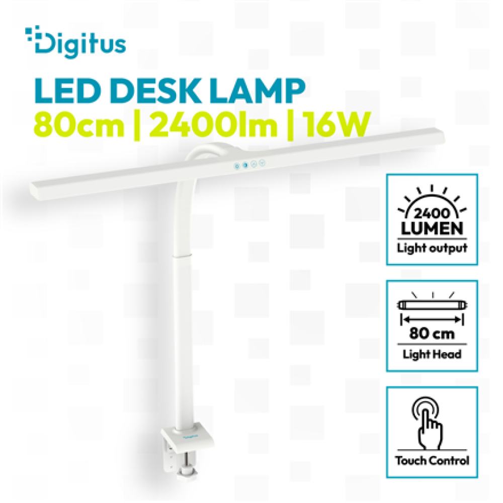 Digitus LED Desk Lamp, 80 cm, White , DA-90493 , 2400 lm , 16 W , 3000-6500 K , Warm white light to white daylight , LED lamp , 10 V