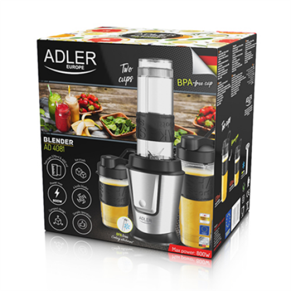 Adler , Blender , AD 4081 , Tabletop , 800 W , Jar material BPA Free Plastic , Jar capacity 0.4 + 0.57 L , Ice crushing , Black/Stainless steel