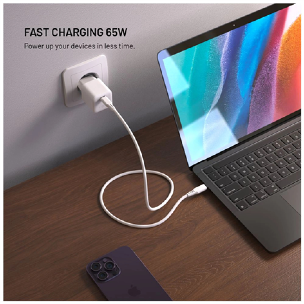 Fixed Mini GaN power adapter with USB-C output and PD support, 65W