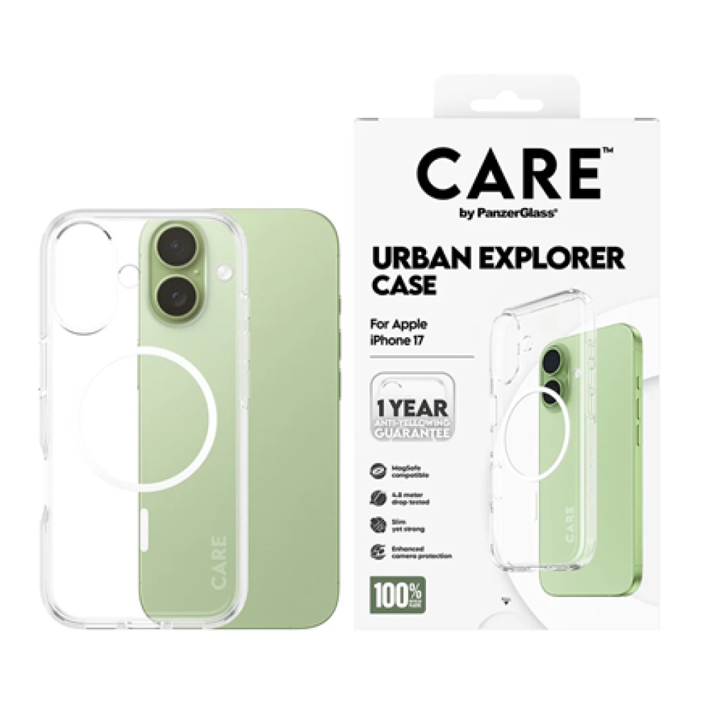 PanzerGlass Flagship Case , Back cover , Apple , iPhone 17 , Recycled plastic , Transparent , Urban Explorer w. White MagSafe