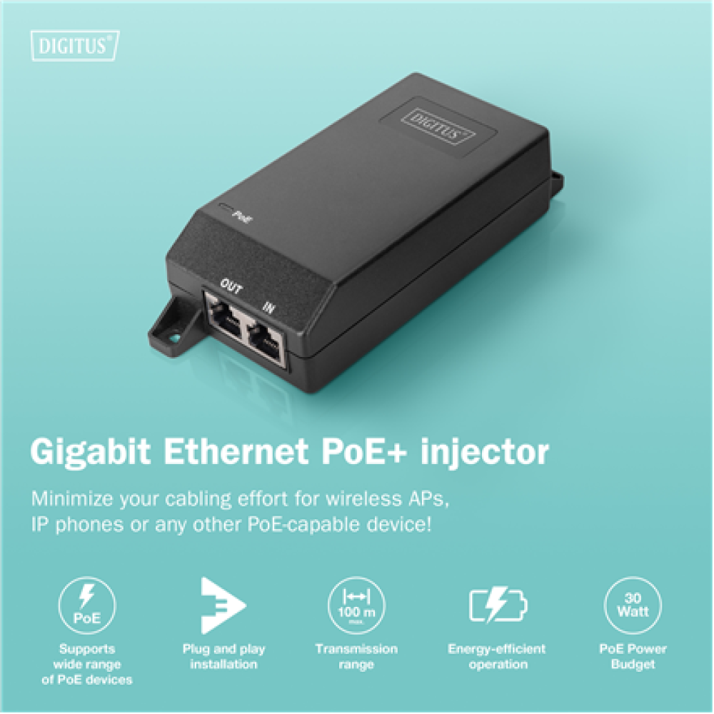 Digitus Gigabit Ethernet PoE+ injector, 802.3at, 30 W , DN-95103-3