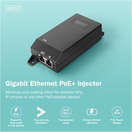 Digitus Gigabit Ethernet PoE+ injector, 802.3at, 30 W , DN-95103-3