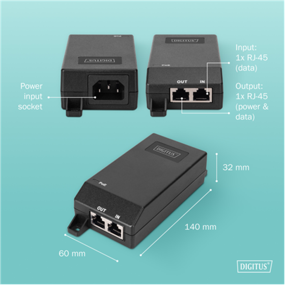 Digitus Gigabit Ethernet PoE+ injector, 802.3at, 30 W , DN-95103-3