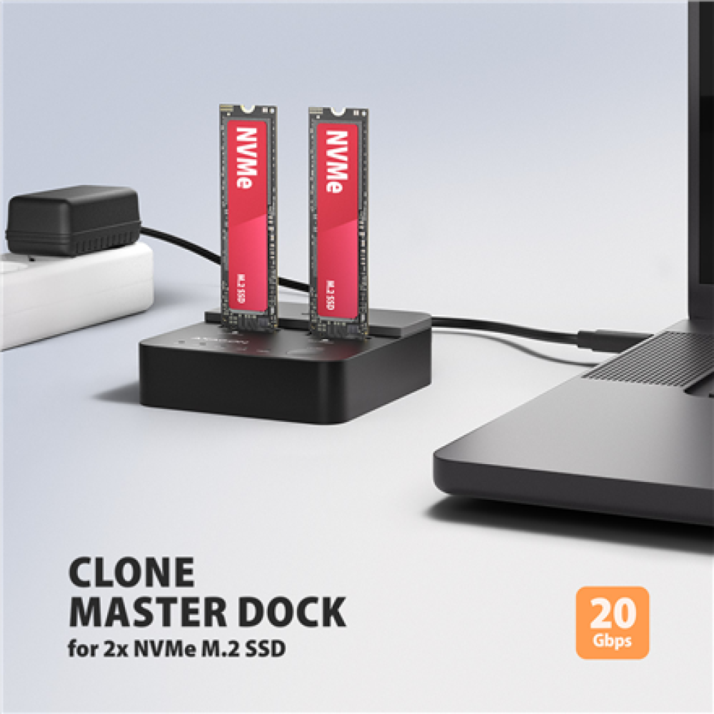 AXAGON , USB-C 20Gbps docking station for 2× M.2 NVMe SSD with disk cloning function without PC , ADSA-M2C22L