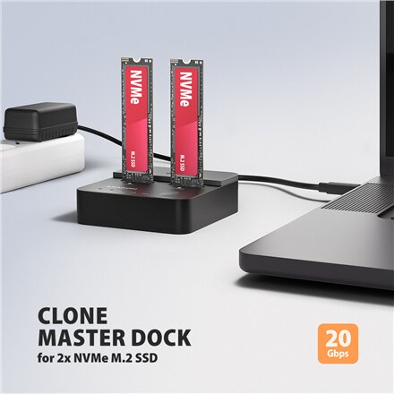 AXAGON , USB-C 20Gbps docking station for 2× M.2 NVMe SSD with disk cloning function without PC , ADSA-M2C22L