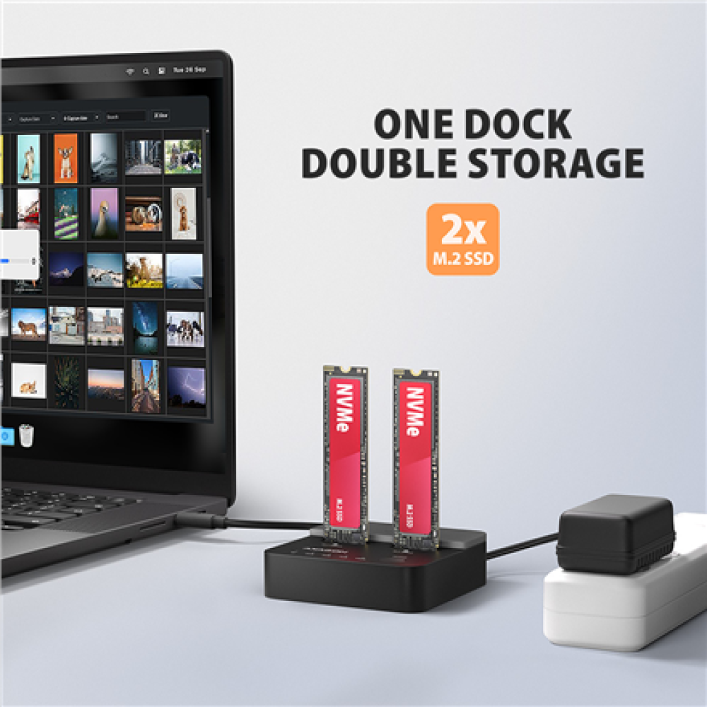 AXAGON , USB-C 20Gbps docking station for 2× M.2 NVMe SSD with disk cloning function without PC , ADSA-M2C22L