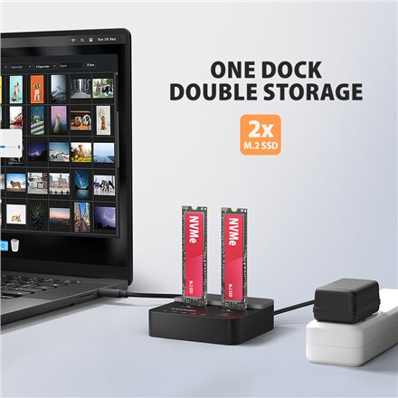 AXAGON , USB-C 20Gbps docking station for 2× M.2 NVMe SSD with disk cloning function without PC , ADSA-M2C22L