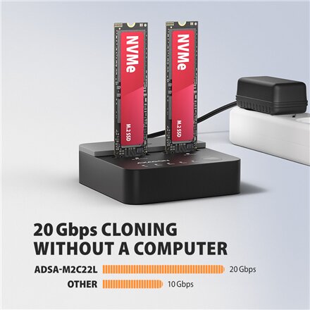 AXAGON , USB-C 20Gbps docking station for 2× M.2 NVMe SSD with disk cloning function without PC , ADSA-M2C22L