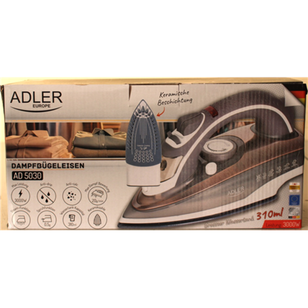 SALE OUT. , Adler , Iron , AD 5030 , Steam Iron , 3000 W , Water tank capacity 310 ml , Continuous steam 20 g/min , Brown , DAMAGED PACKAGING