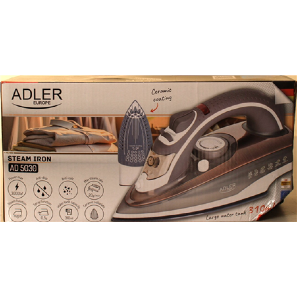 SALE OUT. , Adler , Iron , AD 5030 , Steam Iron , 3000 W , Water tank capacity 310 ml , Continuous steam 20 g/min , Brown , DAMAGED PACKAGING