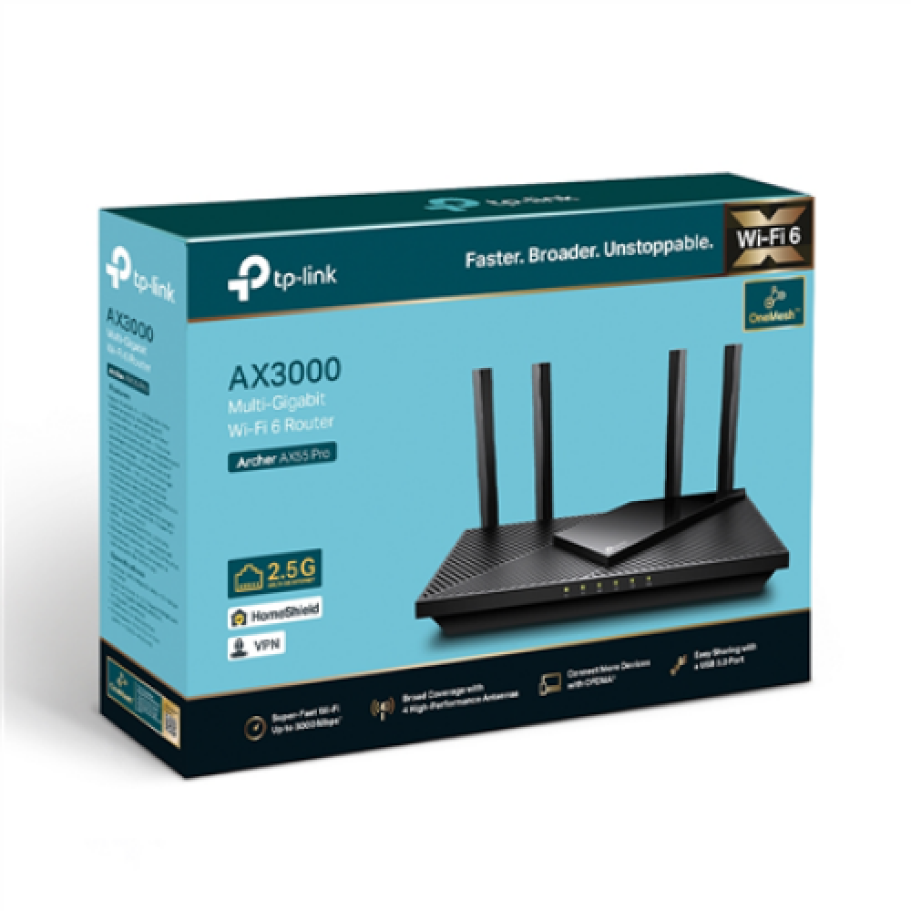 AX3000 Dual Band Gigabit Wi-Fi 6 Router , Archer AX55 Pro , 802.11ax , 574+2402 Mbit/s , 10/100/1000 Mbit/s , Ethernet LAN (RJ-45) ports 3 , Mesh Support Yes , MU-MiMO Yes , No mobile broadband , Antenna type External