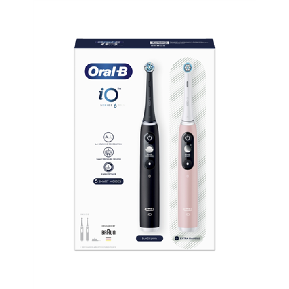 Oral-B Electric Toothbrush , iO6 DuoPack , Rechargeable , For adults , Number of brush heads included 2 , Number of teeth brushing modes 5 , Black/Pink