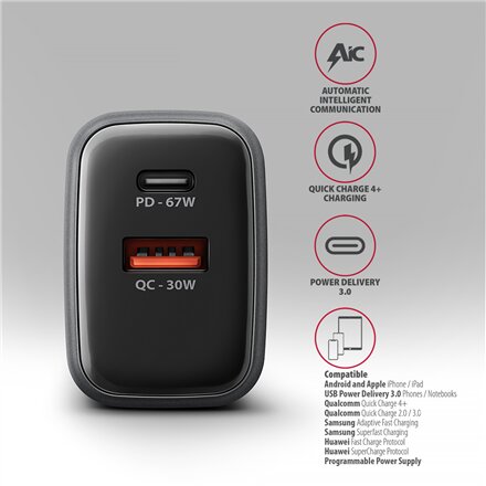 AXAGON Wall charger 67W, USB-A + USB-C, PD3.0/PPS/QC4+/SF , ACU-PQ67D