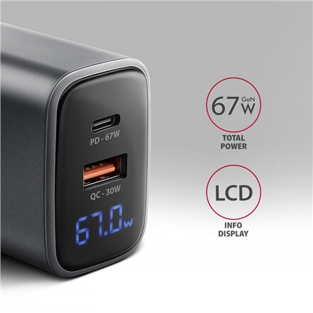 AXAGON Wall charger 67W, USB-A + USB-C, PD3.0/PPS/QC4+/SF , ACU-PQ67D