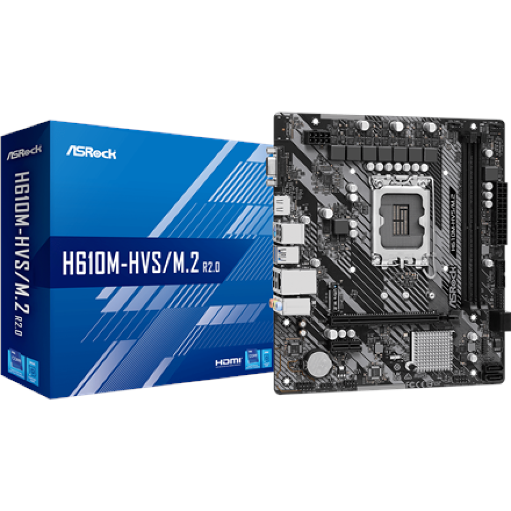 ASRock , H610M-HVS/M.2 R2.0 , Processor family Intel , Processor socket LGA1700 , DDR4 DIMM , Memory slots 2 , Supported hard disk drive interfaces SATA, M.2 , Number of SATA connectors 4 , Chipset H610 , Micro ATX