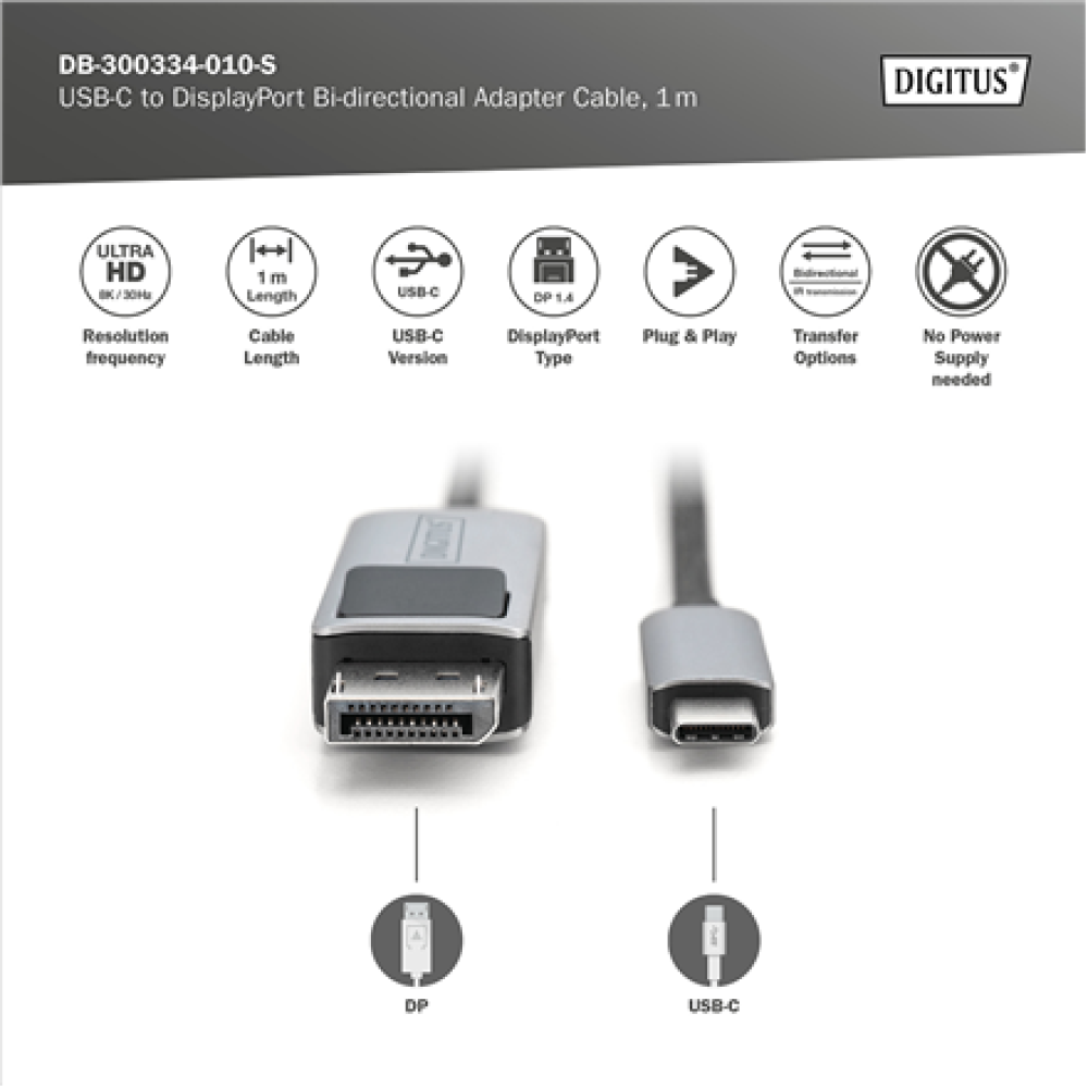 Digitus Bi-directional Adapter Cable , DB-300334-010-S , USB-C to DisplayPort
