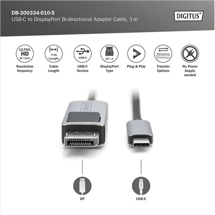 Digitus , Bi-directional Adapter Cable , DB-300334-010-S , USB-C to DisplayPort