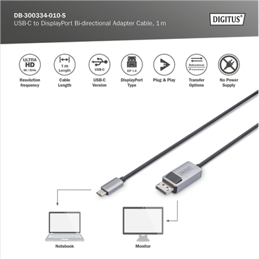 Digitus Bi-directional Adapter Cable , DB-300334-010-S , USB-C to DisplayPort