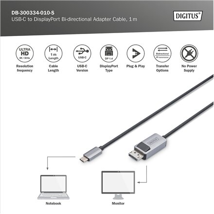 Digitus , Bi-directional Adapter Cable , DB-300334-010-S , USB-C to DisplayPort