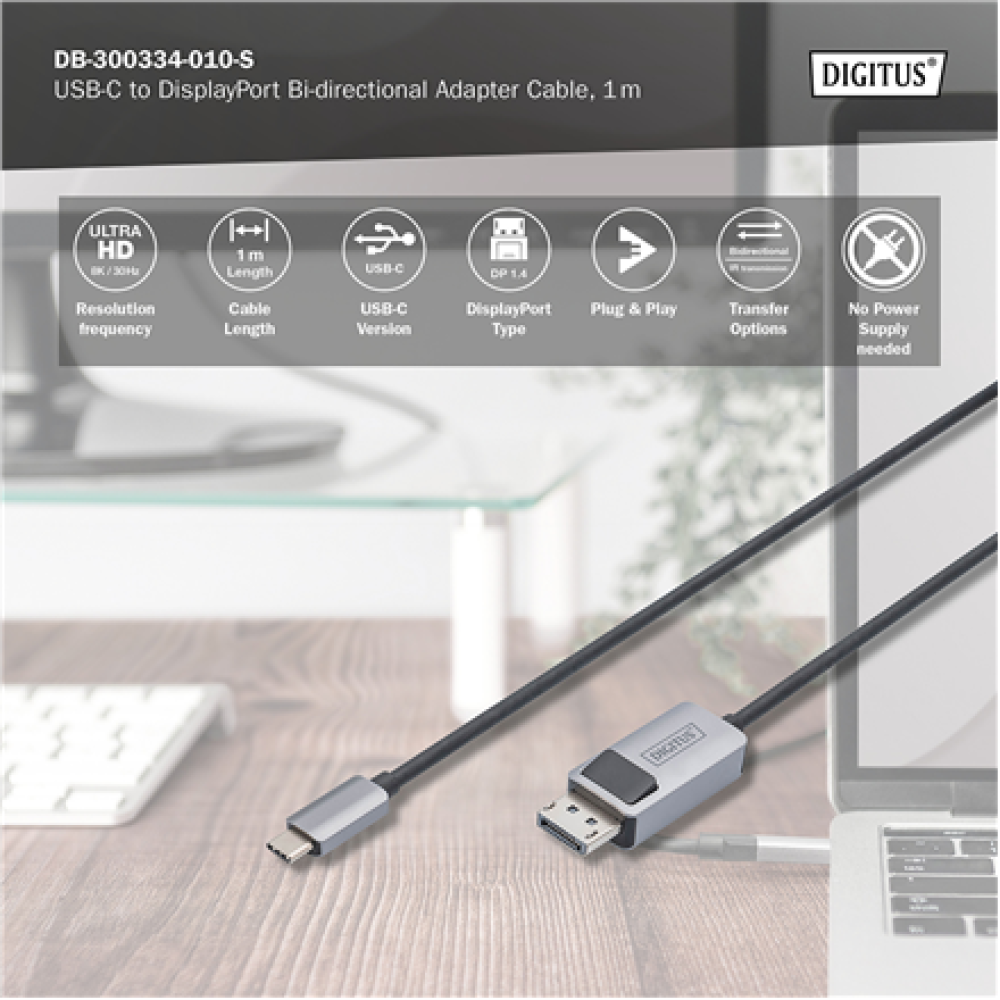Digitus Bi-directional Adapter Cable , DB-300334-010-S , USB-C to DisplayPort
