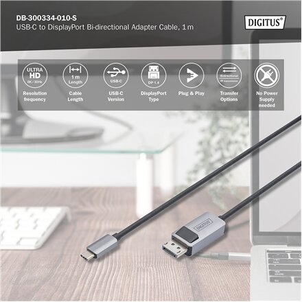 Digitus , Bi-directional Adapter Cable , DB-300334-010-S , USB-C to DisplayPort