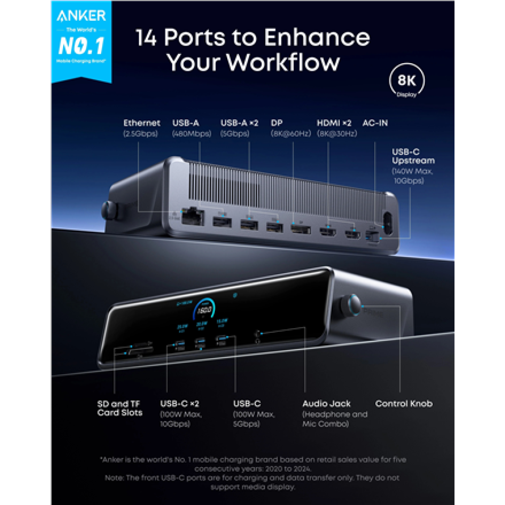 Anker Prime Docking Station (14-in-1, Triple Display, DisplayLink) , A83B33A1