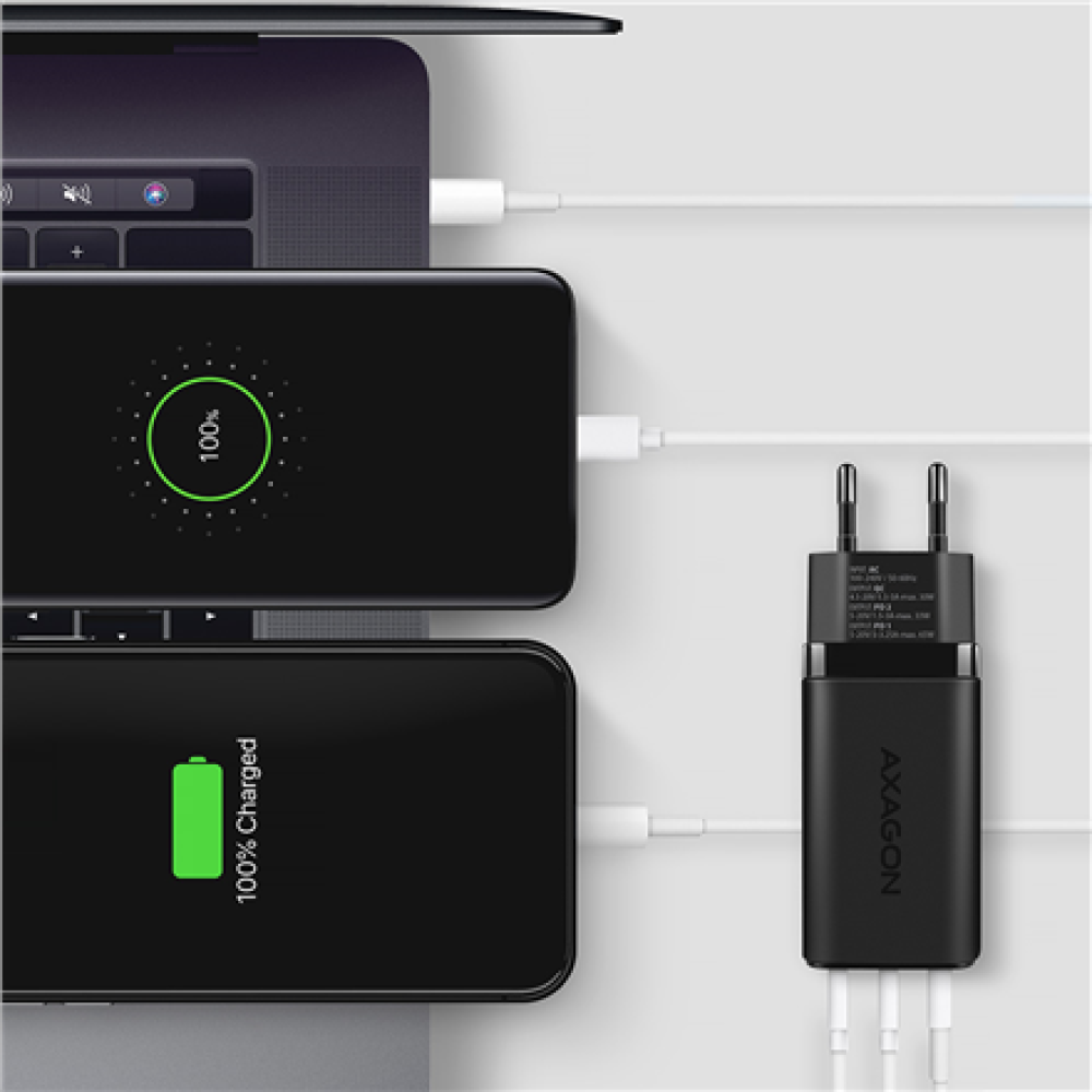 AXAGON GaN wallcharger 3x port (USB-A + 2x USB-C), 65W , ACU-DPQ65