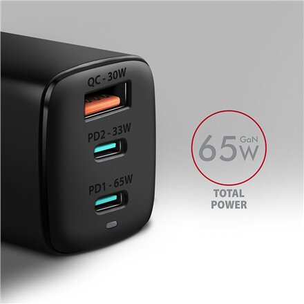 AXAGON GaN wallcharger 3x port (USB-A + 2x USB-C), 65W , ACU-DPQ65