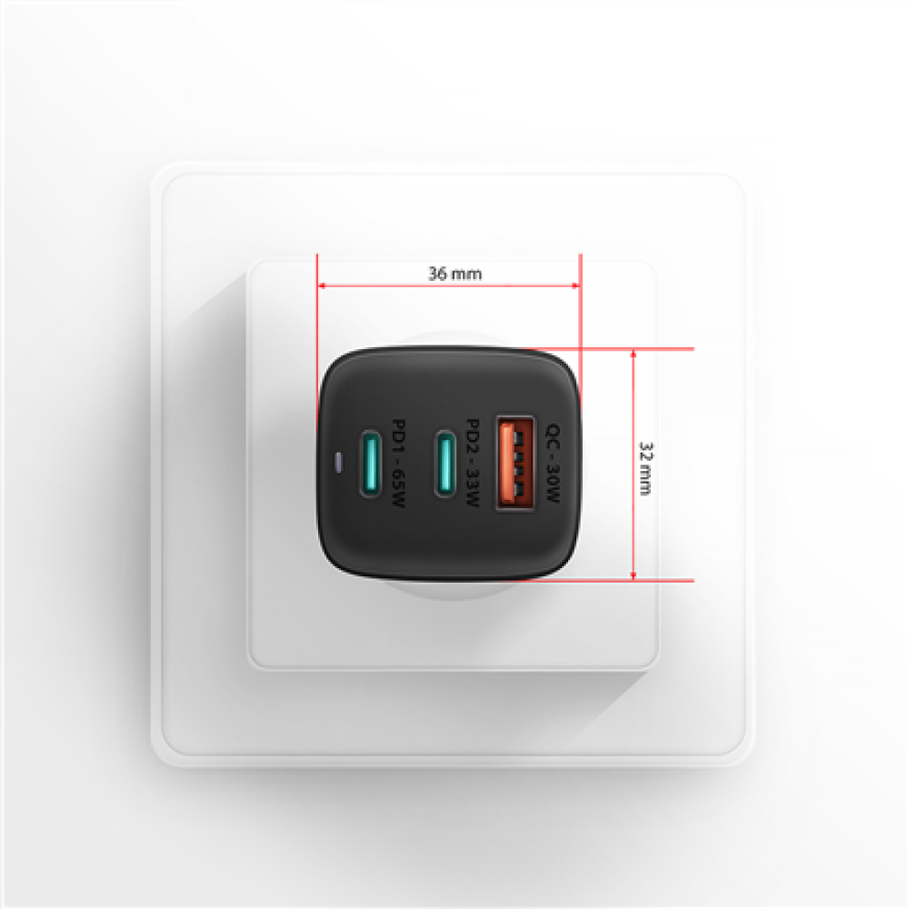 AXAGON GaN wallcharger 3x port (USB-A + 2x USB-C), 65W , ACU-DPQ65