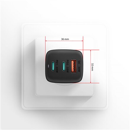 AXAGON GaN wallcharger 3x port (USB-A + 2x USB-C), 65W , ACU-DPQ65