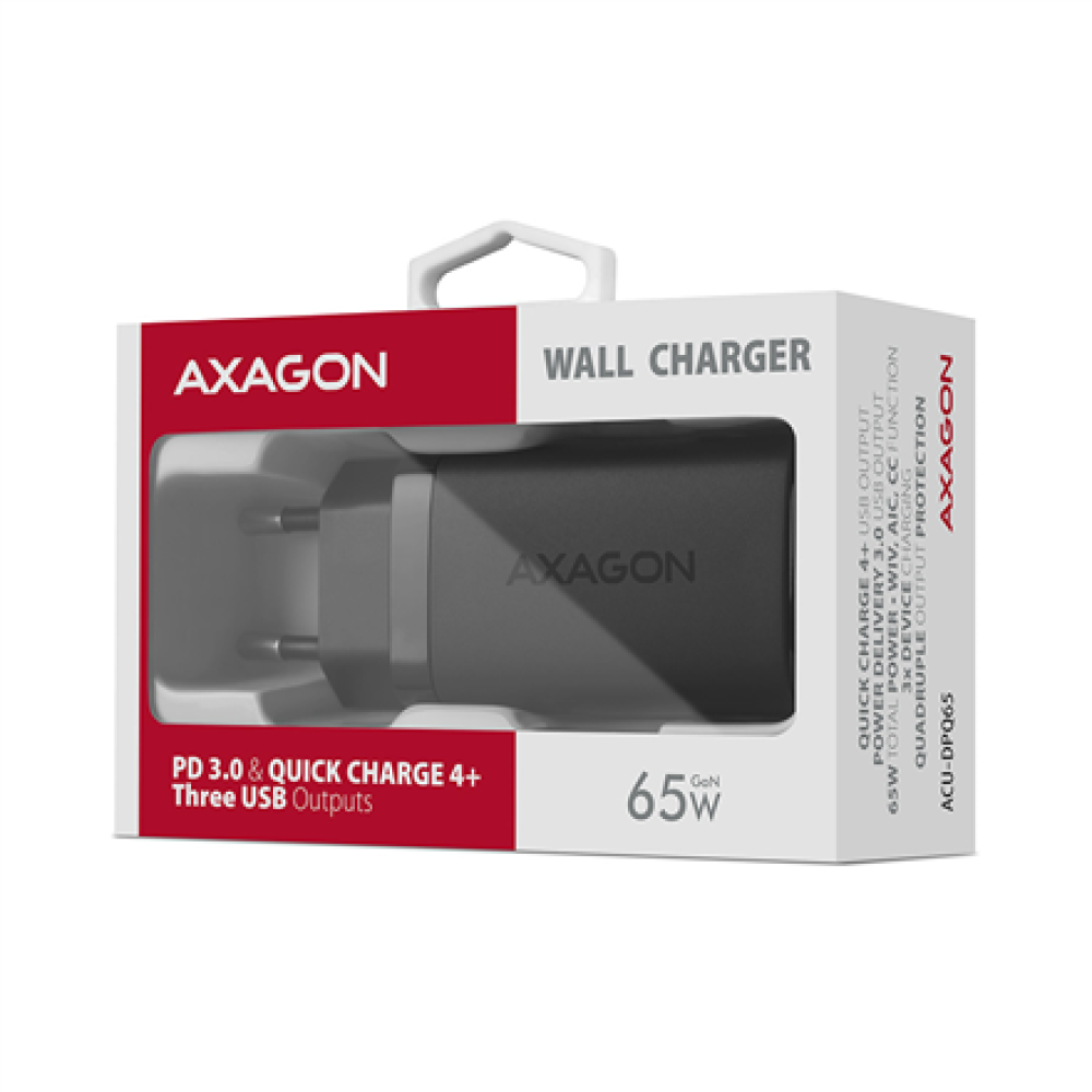 AXAGON GaN wallcharger 3x port (USB-A + 2x USB-C), 65W , ACU-DPQ65